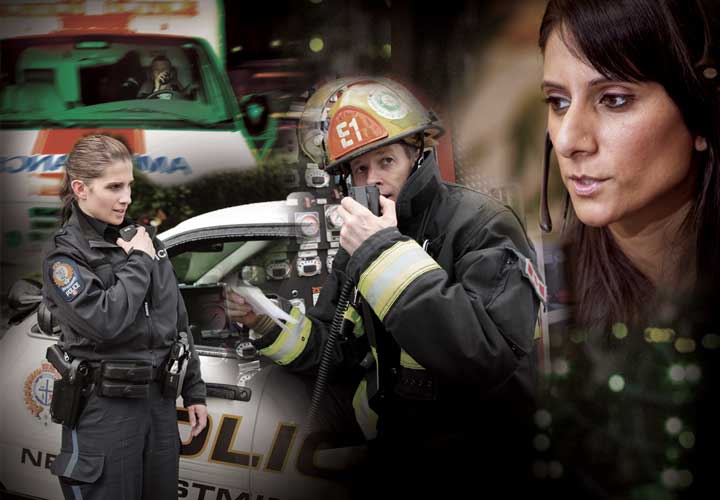 Photo collage of E-Comm calltaker and first responders