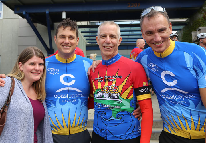 (L-R) E-Comm staff Shanna Raffan, Cameron MacPherson, Mike Skelton and Rocky Tees led the Cops for Cancer fundraising initiatives.